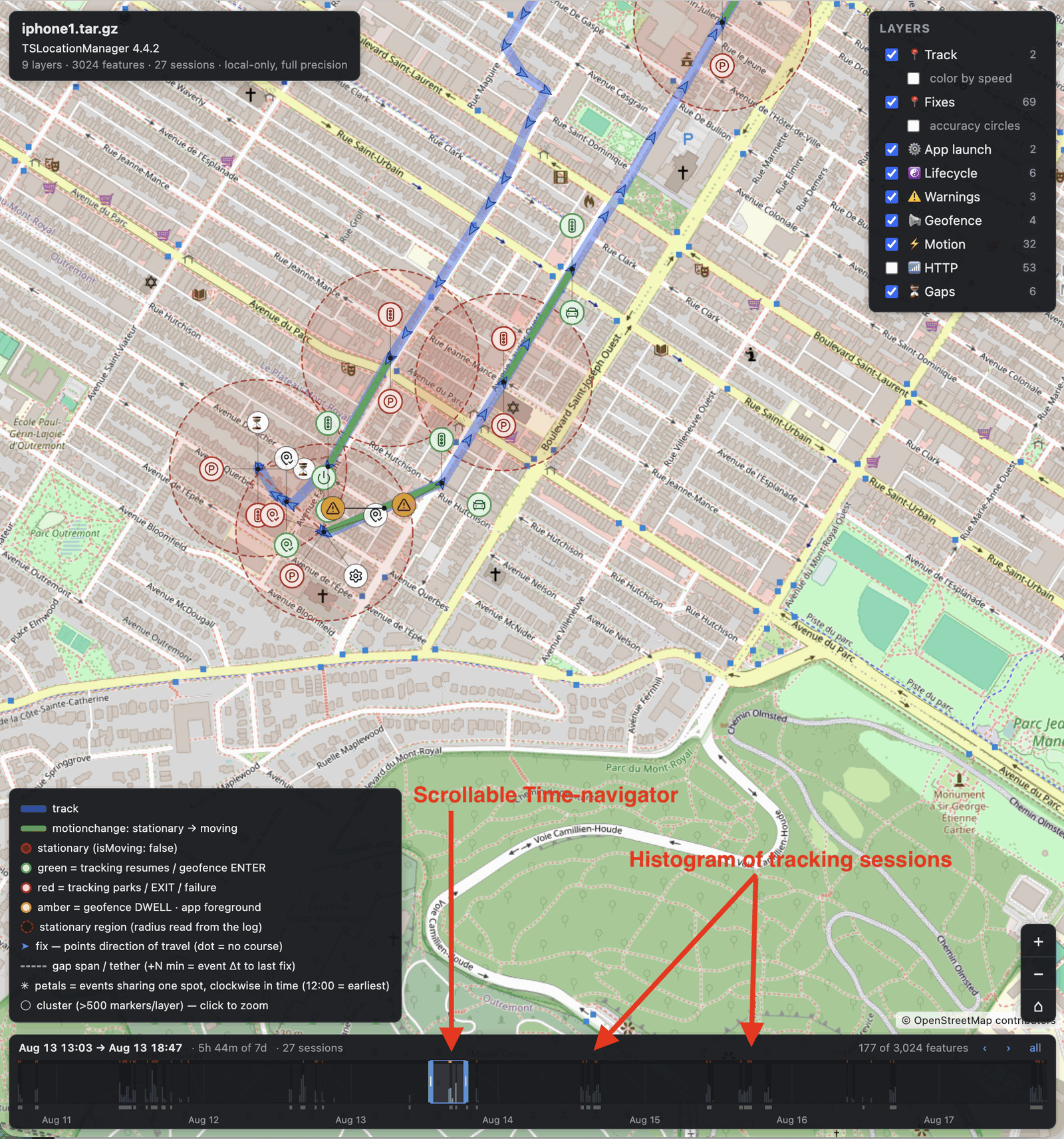 loganalyzer map view โ track, event layers, and the time navigator